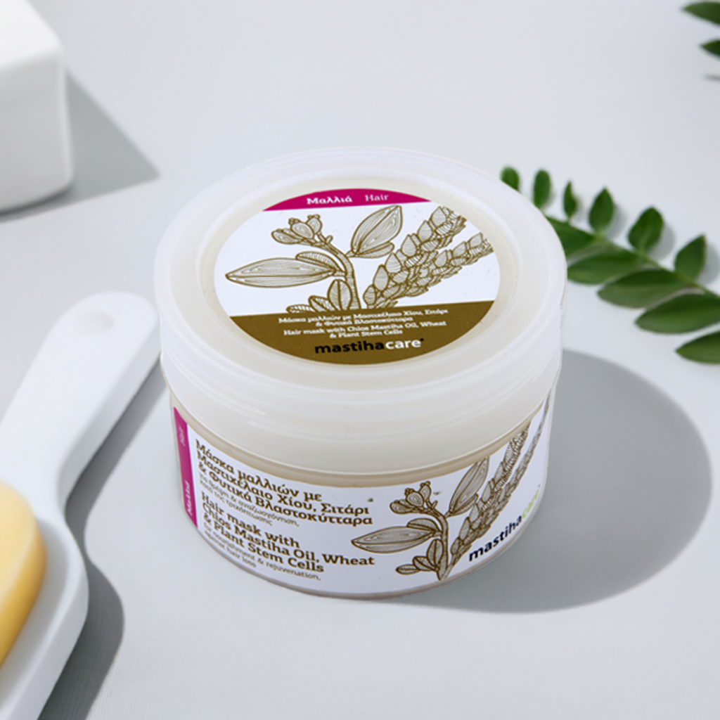 Hair mask with mastic, wheat protein and plant stem cells
