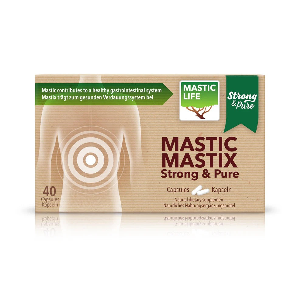 Mastic Mastix Strong&Pure packaging with MasticLife logo on a white background