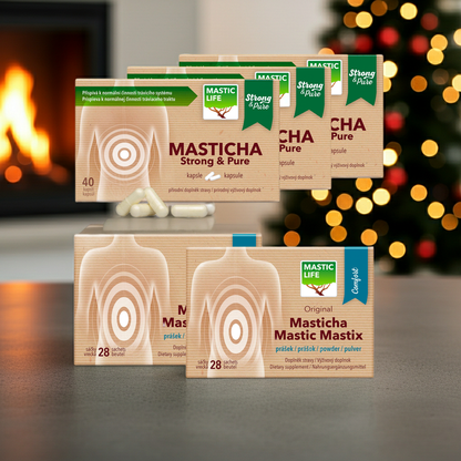 Mastic products with a festive background featuring a fireplace and Christmas tree.