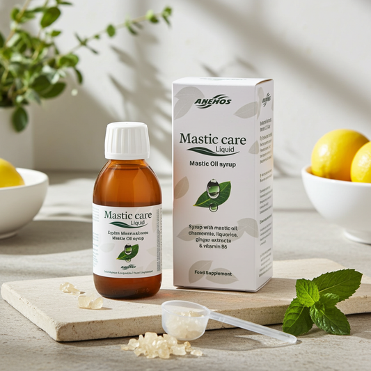 A bottle of Anjos Mastic Care Liquid Mastic Oil Syrup and its white packaging box, styled on a stone tray with mint leaves, a small measuring scoop, and lemon bowls in the background.