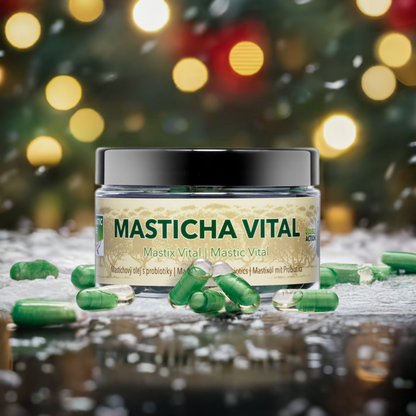 Jar of Mastic Vital with green capsules on a festive background